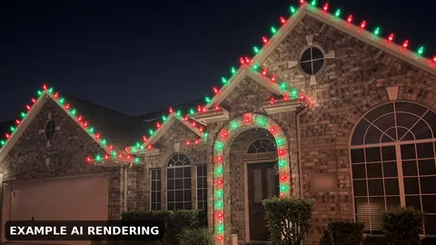 Example AI rendering: a brick home shown with red and green C9 lights