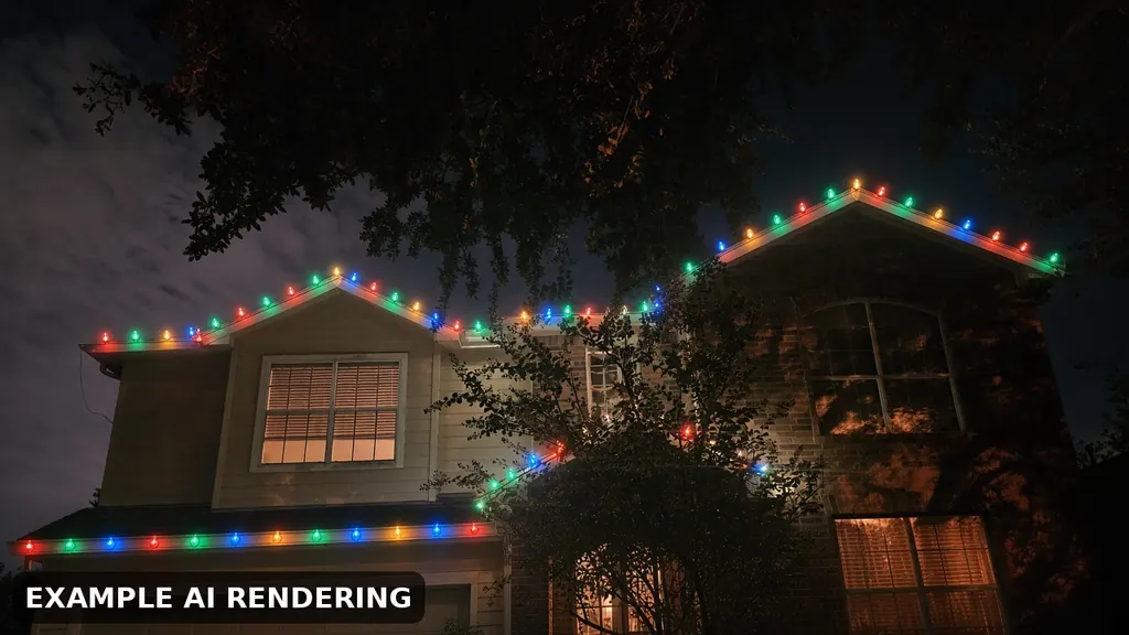 Example AI rendering: two-story home shown with multicolor C9 roofline lights
